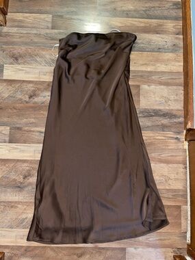 Lulus NWT Large Satin Strapless Brown Slip Dress drop back high slit